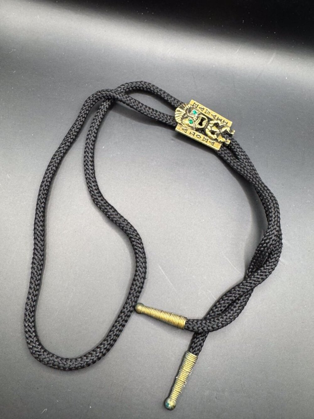 Vintage Hawaiian Tiki Bolo Tie Aloha Hawaii Gold Tone Green Eyes Retro Western